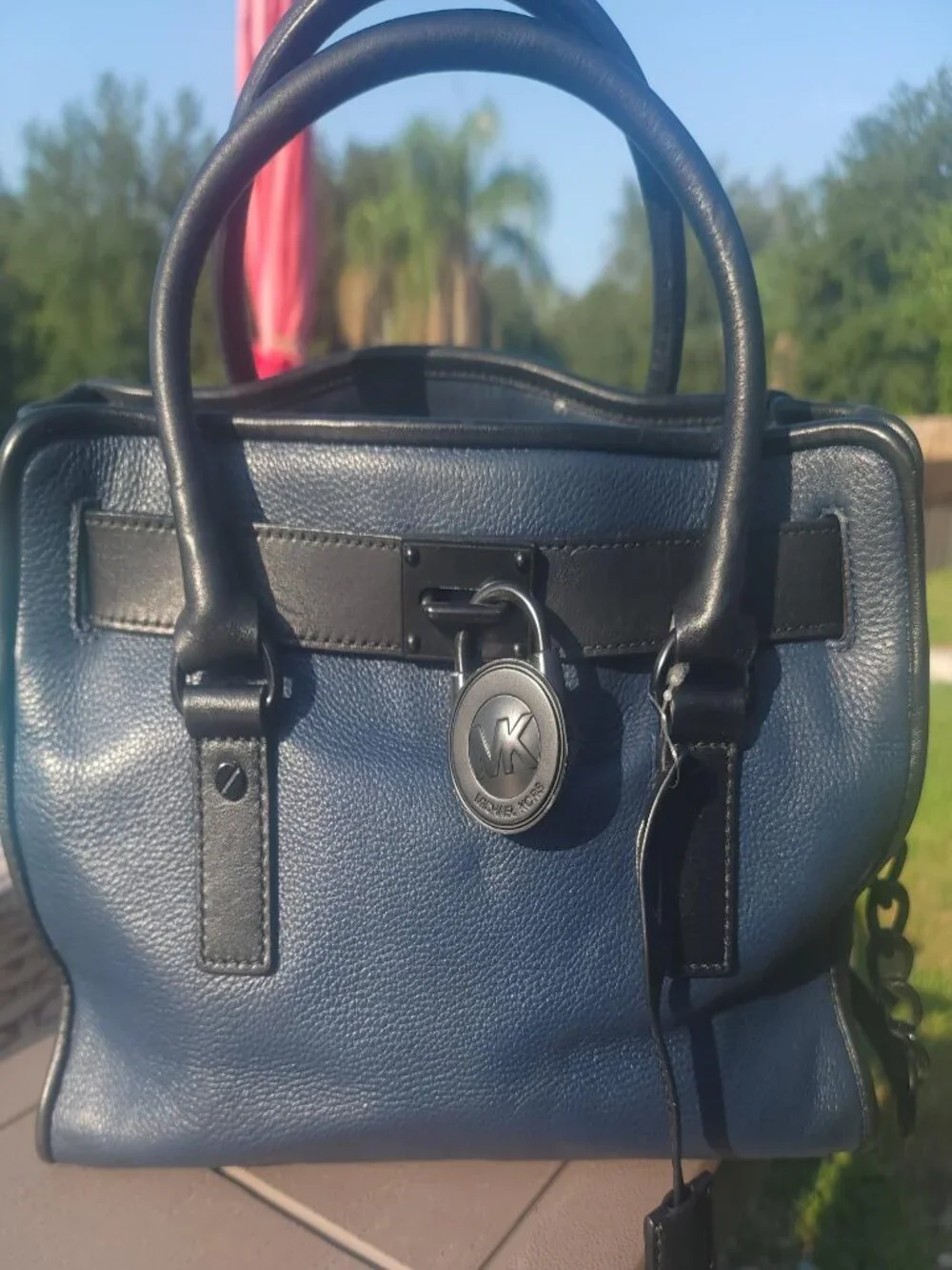 Michael Kors Hamilton Medium Navy Pebbled Leather Satchel Shoulder Bag Lock & Ke